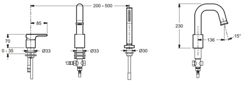 Смеситель для ванны Jacob Delafon Singulier E10873-CP хром, на 3 отверстия, поворотный излив (136мм)