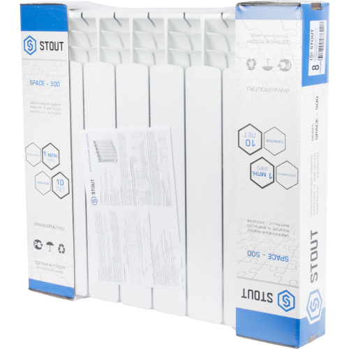 Биметаллический радиатор STOUT Space 500 - 8 секций, боковое, белый RAL 9016