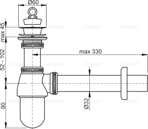 Сифон Alcaplast d 32 мм, для раковины, с водосливом 5/4", цельнометаллический A437