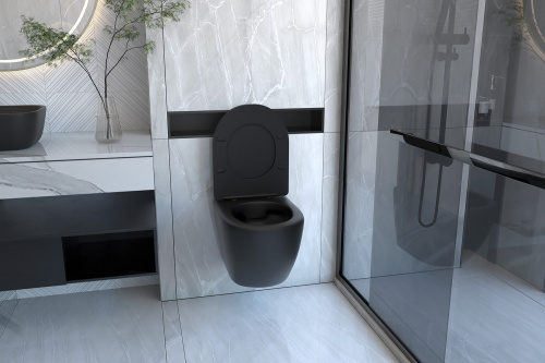 Комплект ABBER: унитаз Bequem AC1100 черный матовый, инсталляция AC0105, клавиша AC0120MB черный матовый