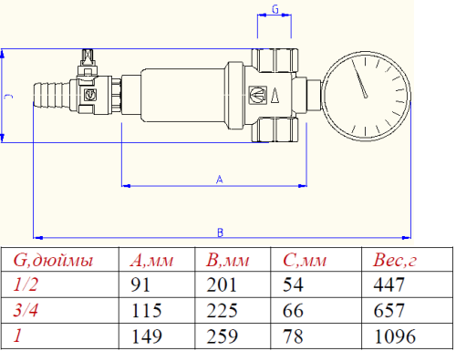 Фильтр грубой очистки Valtec 1/2"В самопромывной с манометром VT.389.N.04