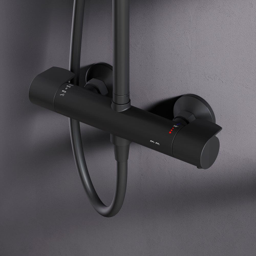 Душевая система Am.Pm X-Joy F0785A422 черный: смеситель с термостатом, стойка с верхним душем, ручной душ