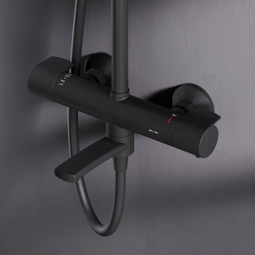 Душевая система Am.Pm X-Joy F0785A522 черный: смеситель с термостатом и изливом, стойка с верхним душем, ручной душ