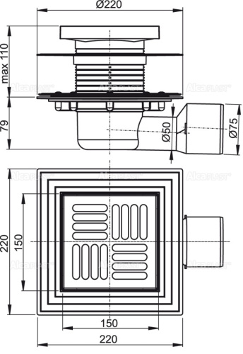 Сливной трап Alcaplast 150 × 150/50/75, подводка – боковая, решетка – нержавеющая сталь, фланец –нержавеющая сталь, воротник – 2–х уровневая изоляция, гидрозатвор – сухой и мокрый APV3444