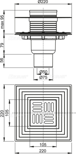 Сливной трап Alcaplast 105х105/50/75 мм, прямая подводка, решетка и фланец из нержавеющей стали, воротник – 2–х уровневая изоляция, комбинированный гидрозатвор SMART APV2324