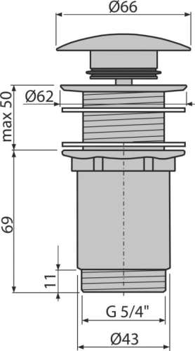 Выпуск Alcaplast 5/4", для раковины, механизм click/clack, с большой заглушкой для раковин без перелива, цельнометаллический, для пластиковых и стеклянных раковин A395