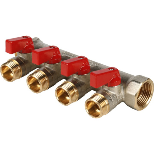 Коллектор 4 выхода STOUT 3/4"x1/2" с кранами, красные ручки SMB 6210 341204