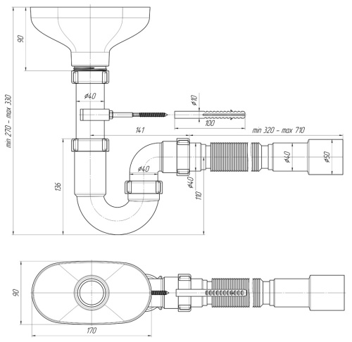 Сифон прямоточный с разрывом струи, с гофрой 40x40/50 ANI DR0115