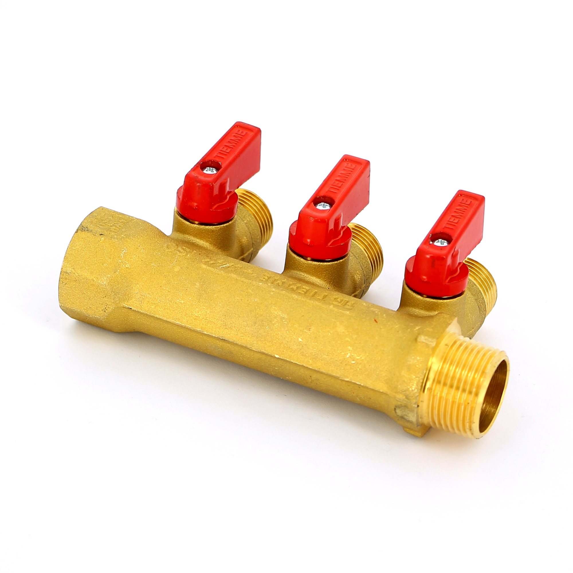 Коллектор 3 выхода Tiemme 3/4"x1/2"евроконус с кранами, латунь 1820001
