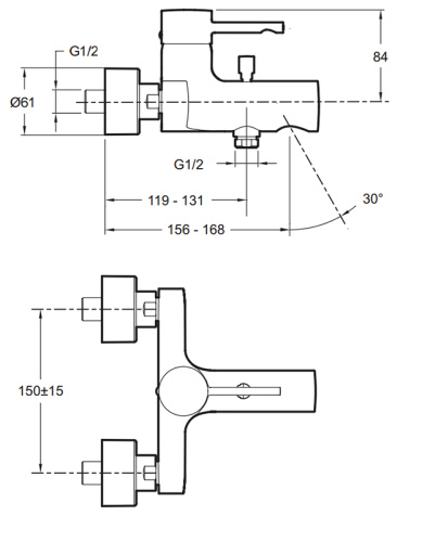 Смеситель для ванны Jacob Delafon Cuff E45532-CP хром, настенный, не повротный излив (156-168мм)