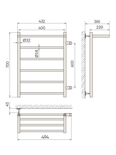 Полотенцесушитель Indigo Line с полочкой 494x700, черный муар