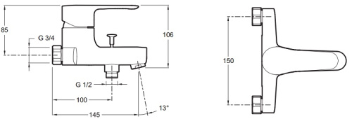 Смеситель для ванны Jacob Delafon July E16031-4-CP хром, чувствительный ограничитель напора воды, настенный