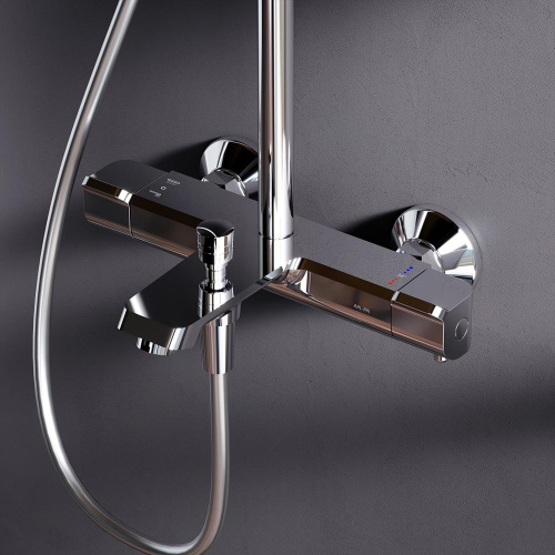 Душевая система Am.Pm Func F078F500 хром: смеситель с термостатом и изливом, стойка с верхним душем, ручной душ