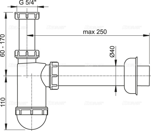Сифон Alcaplast d 40мм, для раковины, с накидной гайкой 5/4" A43