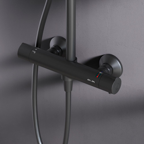Душевая система Am.Pm Like F0780422 черный: смеситель с термостатом, стойка с верхним душем, ручной душ