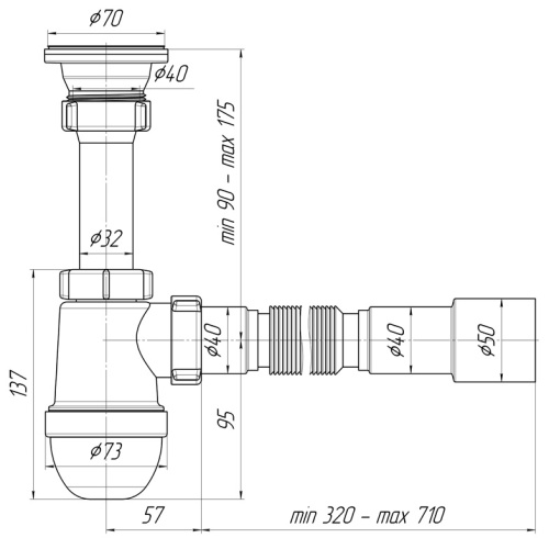 Сифон бутылочный выпуск 40 мм с гофрой 40x40/50 ANI C0115