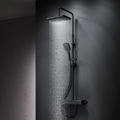 Душевая система Am.Pm Func F078F322 черный: смеситель полка с термостатом и изливом, стойка с верхним душем, ручной душ