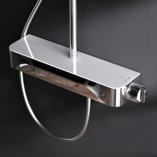 Душевая система Am.Pm Func F078F300 хром: смеситель полка с термостатом и изливом, стойка с верхним душем, ручной душ