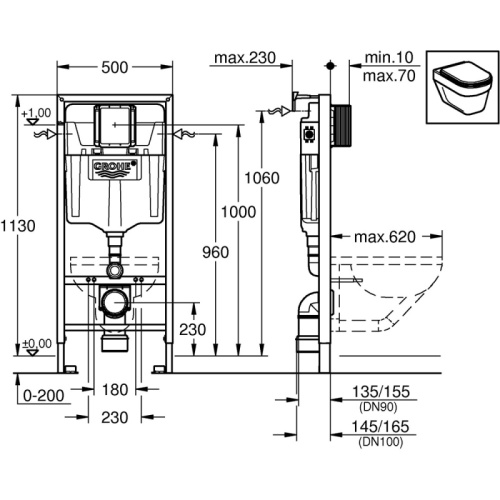 Инсталляция для унитаза 2 в 1 Grohe Rapid SL, бачок GD2, звукоизоляция, без клавиши 38539001