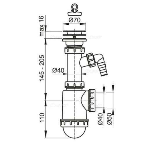 Сифон Alcaplast для мойки с нержавеющей решеткой d 70 мм, с штуцером A441P-DN50/40