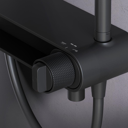 Душевая система Am.Pm X-Joy F0785A722 черный: смеситель полка с изливом, стойка с верхним душем, ручной душ