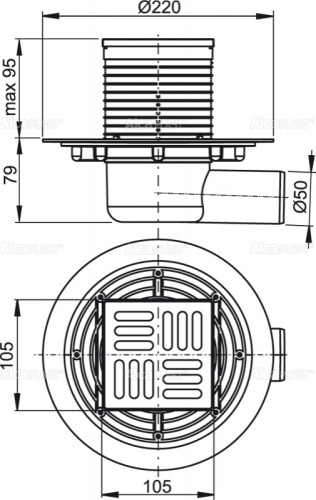 Сливной трап Alcaplast 105х105/50 мм, боковая подводка, решетка из нержавеющей стали, гидрозатвор мокрый APV101