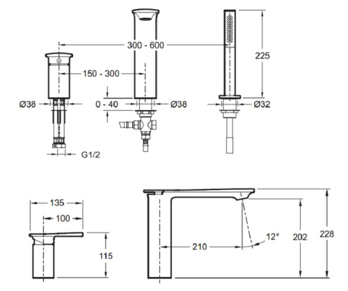 Смеситель для ванны Jacob Delafon Stance E14774-CP хром, не поворотный излив (210мм)