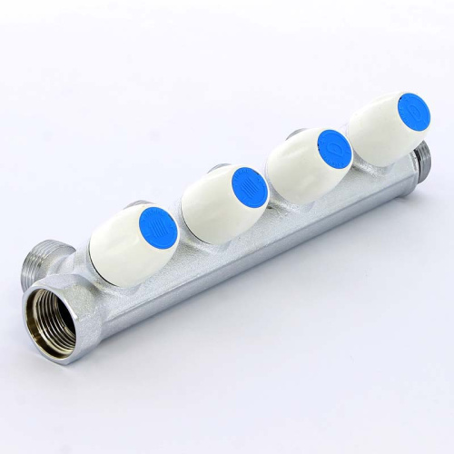 Коллектор 4 выхода Tiemme 3/4"x3/4"евроконус с вентилями, никелированый 1860015