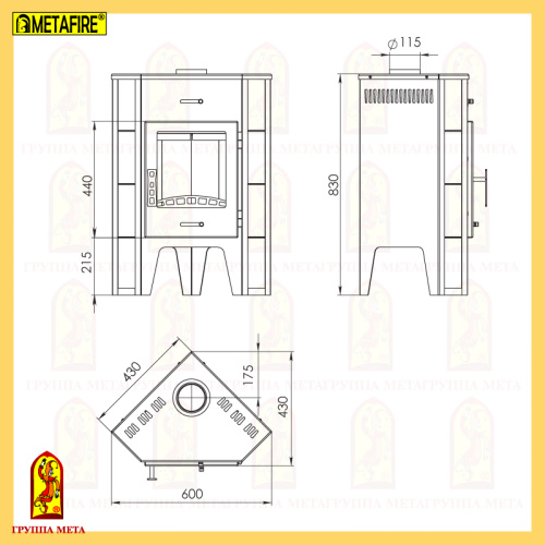 Печь-камин Мета «Пехорка-6» угловая, 6,0 кВт