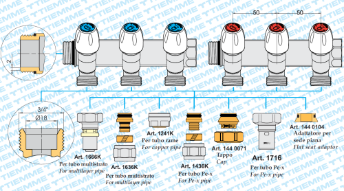 Коллектор 2 выхода Tiemme 3/4"x3/4"евроконус с вентилями, никелированый 1860026