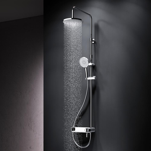 Душевая система Am.Pm X-Joy F0785A700 хром: смеситель полка с изливом, стойка с верхним душем, ручной душ