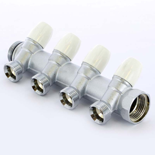 Коллектор 4 выхода Tiemme 1"x3/4"евроконус с вентилями, никелированый 1860019