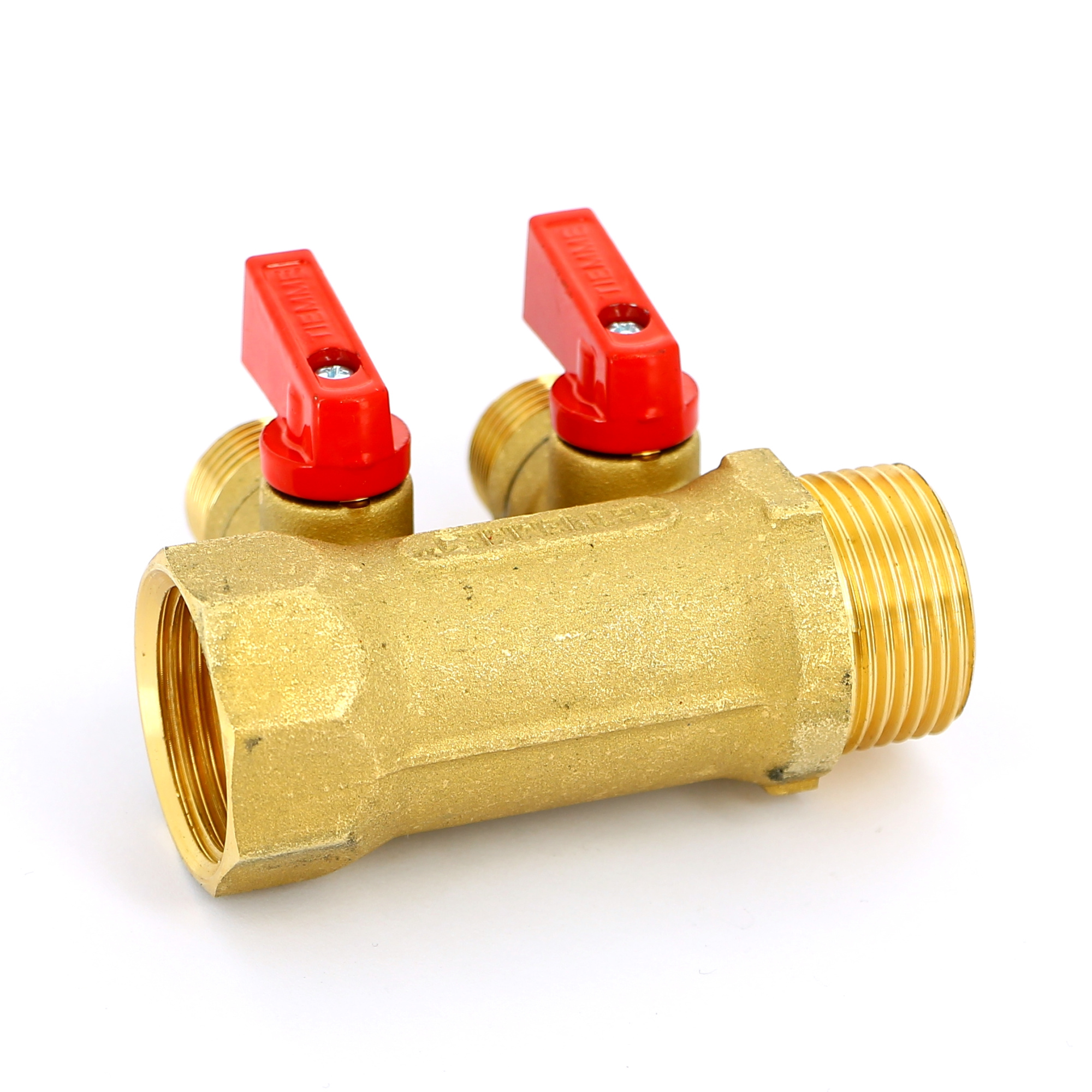 Коллектор 2 выхода Tiemme 1"x1/2"евроконус с кранами, латунь 1820006