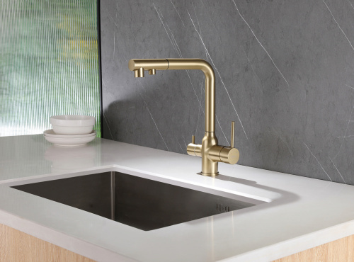 Смеситель для кухни ABBER Emotion AF8814G с подключением фильтра и выдвижной лейкой, золото матовое