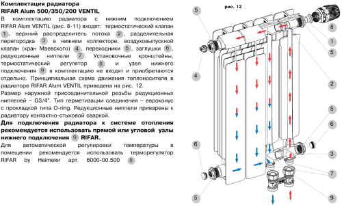 Алюминиевый радиатор Rifar Alum 350 Ventil VR - 12 секций, нижнее справа, белый
