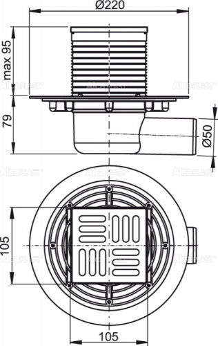 Сливной трап Alcaplast 105х105/50 мм, боковая подводка, решетка из нержавеющей стали, комбинированный гидрозатвор SMART APV1321