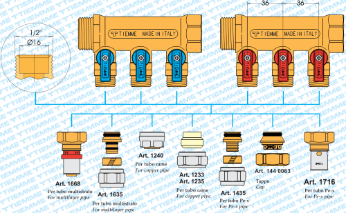 Коллектор 3 выхода Tiemme 1"x1/2"евроконус с кранами, латунь 1820005