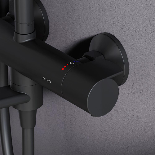 Душевая система Am.Pm X-Joy F0785A522 черный: смеситель с термостатом и изливом, стойка с верхним душем, ручной душ