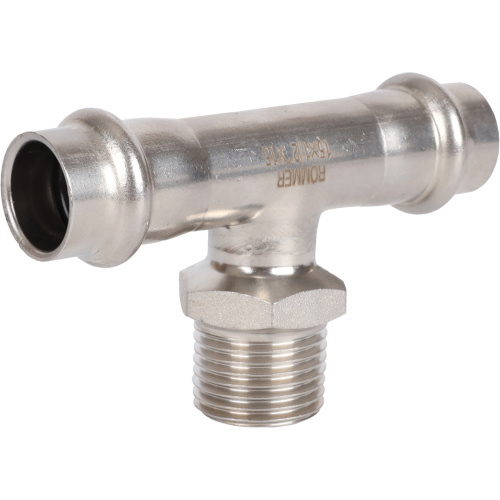 Тройник с резьбой ВПр-НР 15x1/2"x15 пресс, нержавеющая сталь Rommer