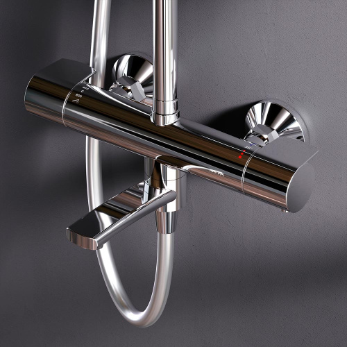 Душевая система Am.Pm X-Joy F0785A500 хром: смеситель с термостатом и изливом, стойка с верхним душем, ручной душ