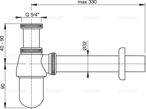 Сифон Alcaplast d 32 мм, для раковины, с накидной гайкой 5/4", цельнометаллический A431