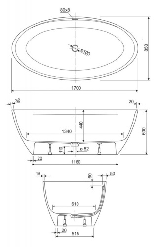 Ванна из литьевого мрамора Riho TITAN-OVAL-170-85-57