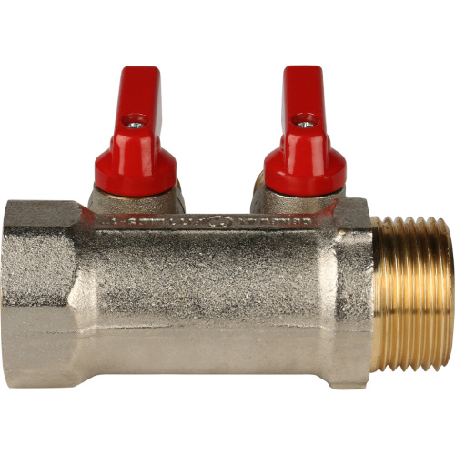 Коллектор 2 выхода STOUT 1"x1/2" с кранами, красные ручки SMB 6200 011202