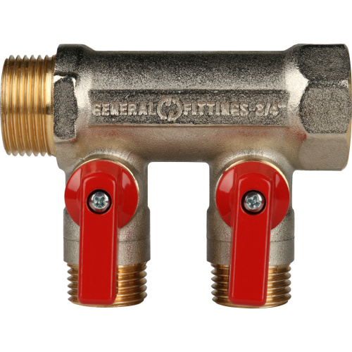 Коллектор 2 выхода STOUT 3/4"x1/2" с кранами, красные ручки SMB 6200 341202