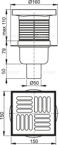 Сливной трап Alcaplast 150 × 150/50, подводка – прямая, решетка – нержавеющая сталь, гидрозатвор – мокрый APV6411
