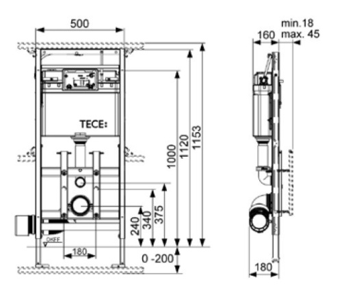 Инсталяция для унитаза TECElux 200 с регулировкой высоты 9600200